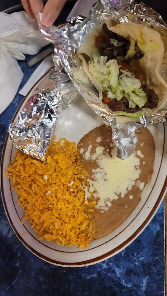 Fajita Steak Tacos and Beans and Rice